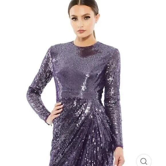 Mac Duggal SEQUINED HIGH‎ NECK LONG SLEEVE DRAPED GOWN 10824 SZ 2 Amethyst NWT - Picture 2 of 5